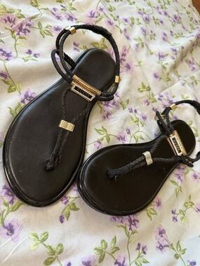 Guess Black Braided T-Strap Sandals with Gold Hardware